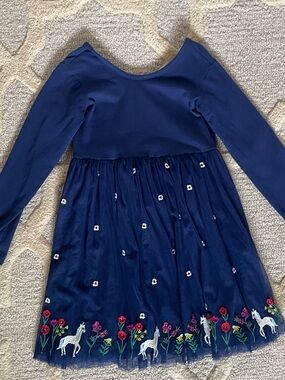 Hanna Andersson Navy Long-Sleeve Unicorn Embroidered Tulle Dress US 5 (110 cm)